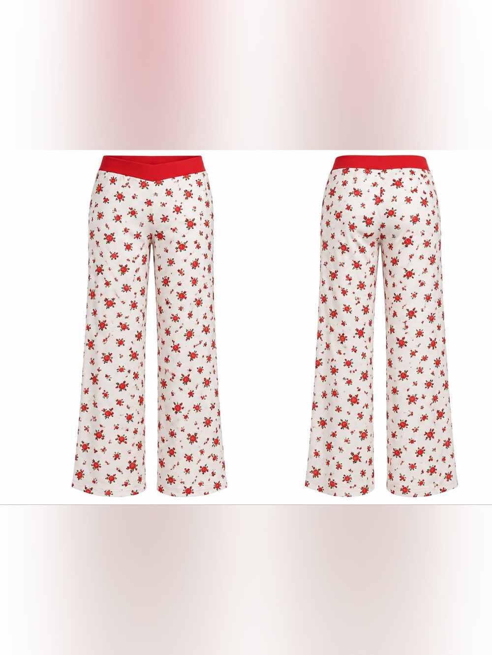 Red Ditsy Floral Rose Print Wide Leg Lounge Pajama Pants Red White M Coquette